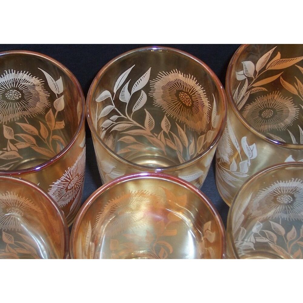 Vintage Jeannette Marigold Carnival Glass Cosmos Pitcher 6 Tumbler Set 1950s - Picture 14 of 15
